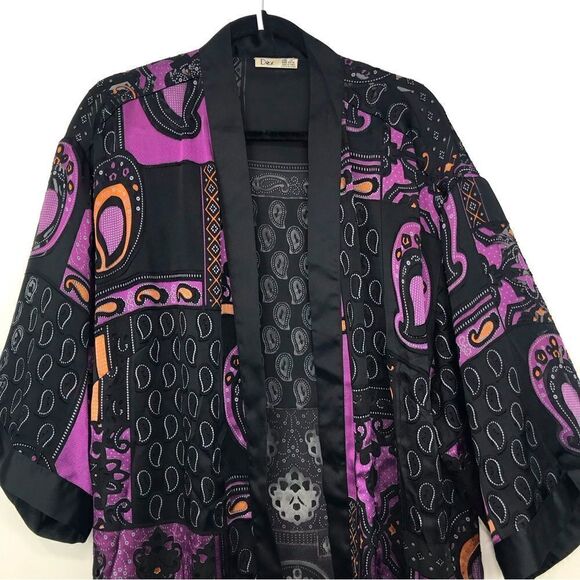 DEX Black Purple Paisley Pattern Semi Sheer Kimono Duster Tunic Cardigan - Picture 3 of 16